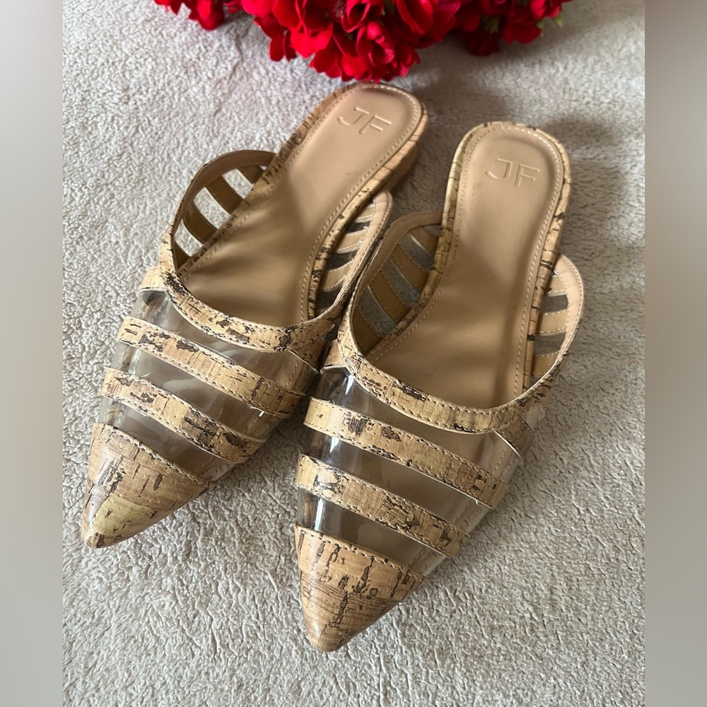 Just Fab Cork/Clear Holly Slip On Pointed Toe Mules Size 6